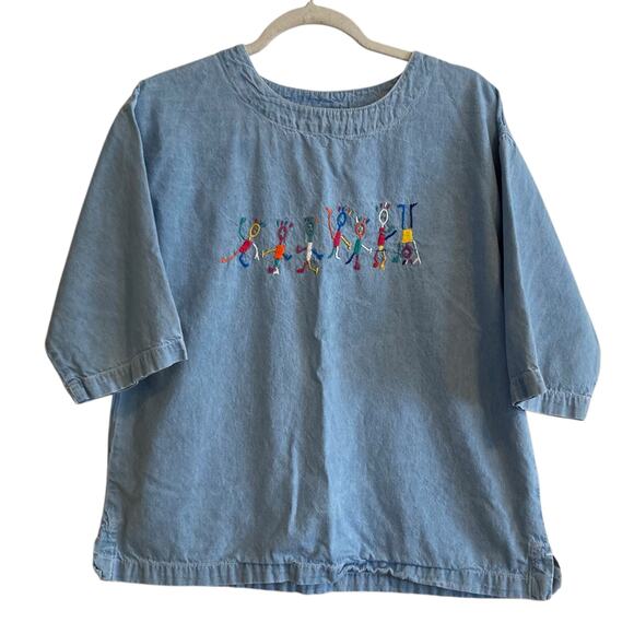 Vintage 90s Boxy Oversize Embroidered Dancing Men Light Wash Denim Top Sz Large - Picture 1 of 16